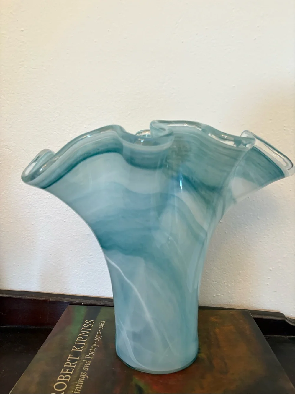 Murano Italy || Large Art Glass Vase Fan Ruffle Light Blue Aqua White 12” Tall